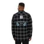 Back view of a gray-and-black plaid shirt with embroidery reading "Walk For Your Health" and decorative blue laurel leaves on the lower back area.