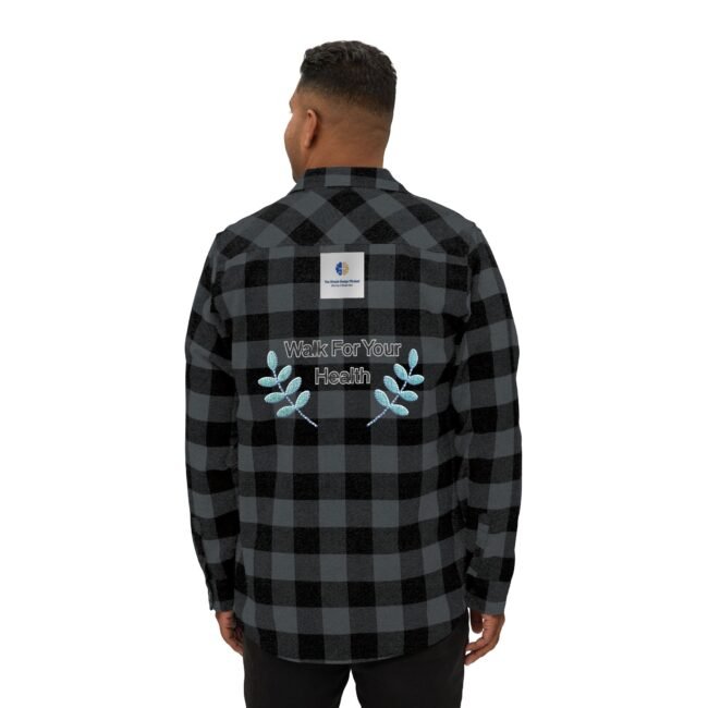 Back view of a gray-and-black plaid shirt with embroidery reading "Walk For Your Health" and decorative blue laurel leaves on the lower back area.