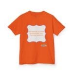 Orange T-shirt with a white wavy-edged badge in the center, blue outline and orange text reading 'Continuous learning is improving your culture's mindset'; small designer credit at bottom right.