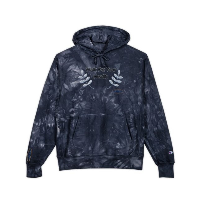 Navy tie-dye hoodie with a 'Walk For Your Health' slogan and silver laurel embroidery on the chest.