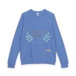 Blue sweatshirt with embroidered laurels and the phrase 'Walk For Your Health' across the chest.