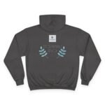 Front of a dark gray hoodie with teal embroidered leaf arrangements framing the text “Walk For Your Health” and a small square logo above.