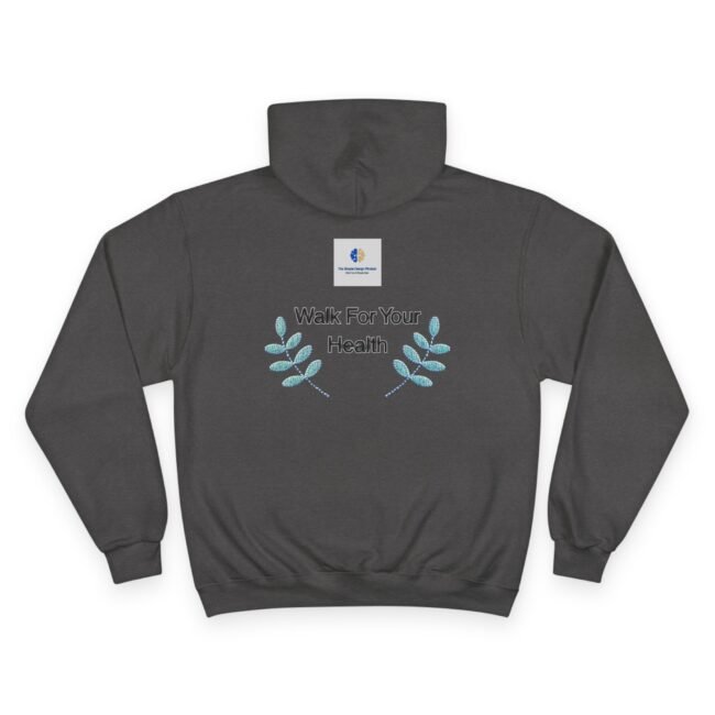 Front of a dark gray hoodie with teal embroidered leaf arrangements framing the text “Walk For Your Health” and a small square logo above.