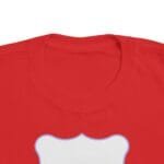 Red T-shirt with a white bone-shaped graphic outlined in light blue at chest level.