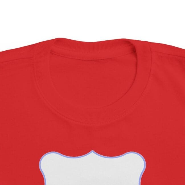 Red T-shirt with a white bone-shaped graphic outlined in light blue at chest level.