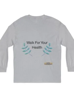 2678637797920471968_2048jpeg Light gray long-sleeve shirt with embroidered blue leaves framing the words 'Walk For Your Health'.