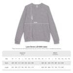 Grey crewneck sweatshirt with white Length and Width arrows indicating measurements; below is Lane Seven LS13004 sizes with imperial and metric measurements.