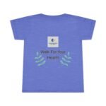 Blue T-shirt featuring embroidered 'Walk For Your Health' text with teal leaf motifs and a small square logo on the upper back.