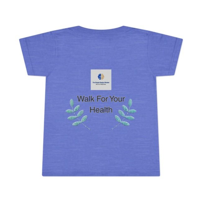 Blue T-shirt featuring embroidered 'Walk For Your Health' text with teal leaf motifs and a small square logo on the upper back.
