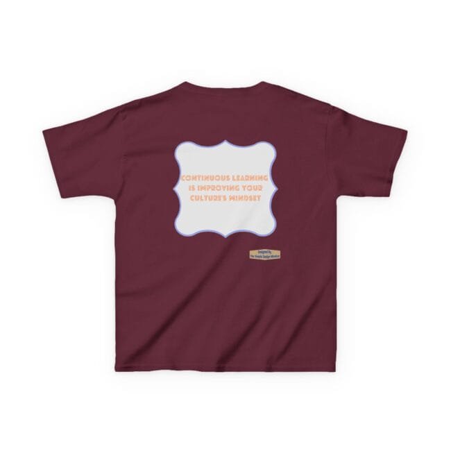 Maroon T-shirt back with a pale blue decorative frame and orange text: 'Continuous learning is improving your culture's mindset'; small label reads 'Designed by The Simple Design Mindset'