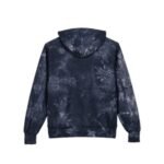 Back view of a navy tie-dye hoodie with the hood up and ribbed cuffs on the sleeves.
