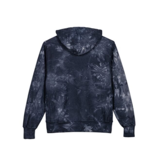 Back view of a navy tie-dye hoodie with the hood up and ribbed cuffs on the sleeves.
