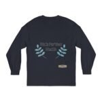 Navy long-sleeve shirt with teal embroidered leaves framing the text 'Walk For Your Health' in the center.