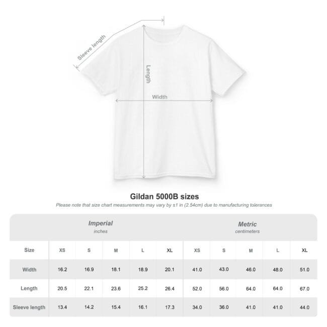 White Gildan 5000B t-shirt with measurement arrows for length, width, and sleeve length above a size chart.
