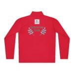 Red long-sleeve shirt back with embroidered 'Walk For Your Health' slogan and blue laurel branch accents; small square label near collar.