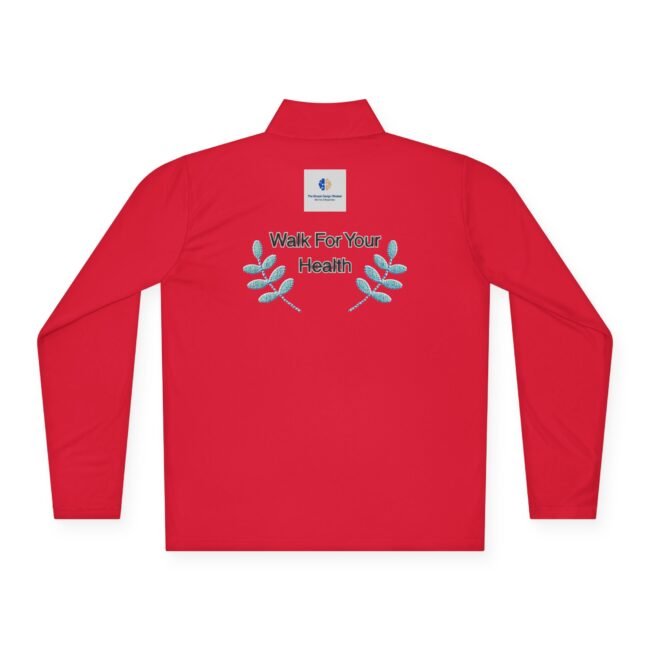 Red long-sleeve shirt back with embroidered 'Walk For Your Health' slogan and blue laurel branch accents; small square label near collar.