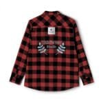 Back view of red and black plaid shirt with embroidered 'Walk For Your Health' and blue leaf motifs.