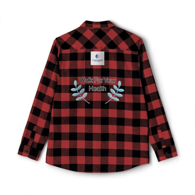 Back view of red and black plaid shirt with embroidered 'Walk For Your Health' and blue leaf motifs.