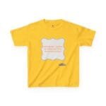 Bright yellow T-shirt with a central white decorative patch outlined in blue, containing an orange quote about continuous learning: “Continuous learning is improving your culture’s mindset.”