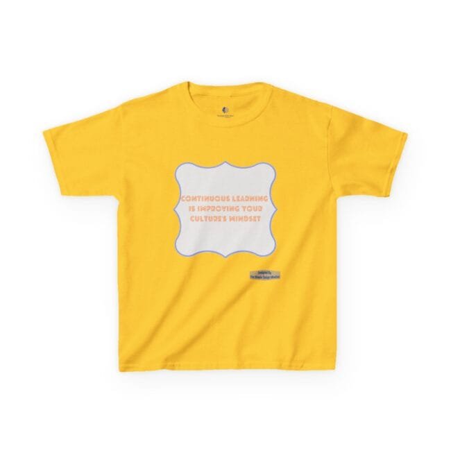 Bright yellow T-shirt with a central white decorative patch outlined in blue, containing an orange quote about continuous learning: “Continuous learning is improving your culture’s mindset.”