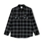 Dark gray and black plaid flannel shirt with two embroidered patches on the chest pockets.