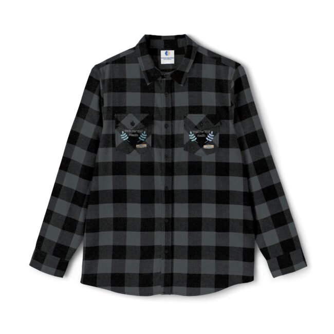 Dark gray and black plaid flannel shirt with two embroidered patches on the chest pockets.