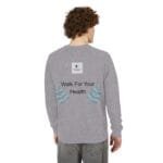 Back view of a person wearing a heather gray sweatshirt with the text 'Walk For Your Health' and teal embroidered leaves on the back.