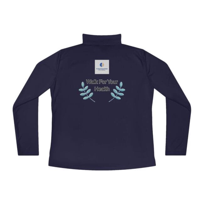 Navy long-sleeve shirt with a small square logo on the upper back and the text “Walk For Your Health” flanked by teal leafy stems.