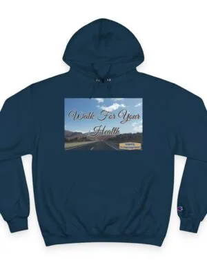 4949343294898880_2048jpeg Blue hoodie with a front pocket and a rectangular graphic on the chest showing a road and mountains; text reads 'Walk For Your Health' in script font.