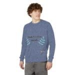 Man wearing a blue heathered long-sleeve shirt with the slogan “Walk For Your Health” and teal leaf embroidery on both sides.