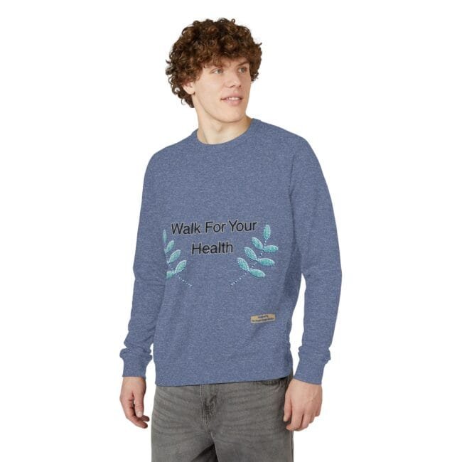 Man wearing a blue heathered long-sleeve shirt with the slogan “Walk For Your Health” and teal leaf embroidery on both sides.