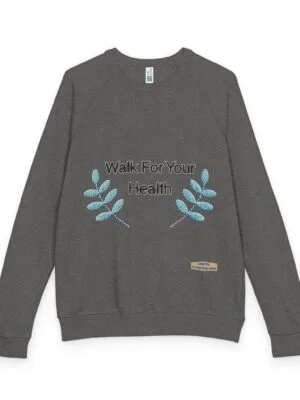 6270145278488899466_2048jpeg Gray crewneck sweatshirt with turquoise embroidered leaves framing the message 'Walk For Your Health'.