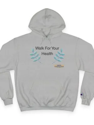 6872426476795275293_2048jpeg Gray hoodie with a centered 'Walk For Your Health' message, flanked by blue embroidered leaf motifs and a small brand tag nearby.",