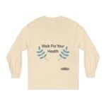 Beige long-sleeve shirt with the words ‘Walk For Your Health’ and blue leafy embroidery on the chest, plus a small label at the hem.