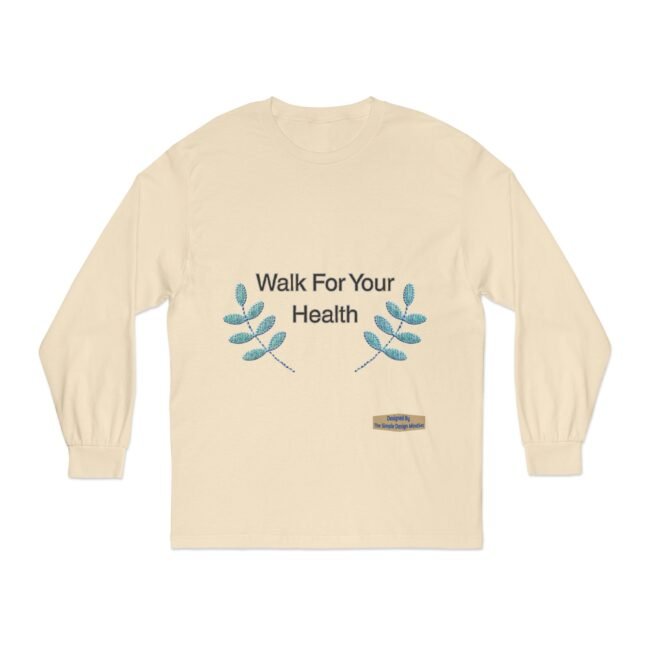 Beige long-sleeve shirt with the words ‘Walk For Your Health’ and blue leafy embroidery on the chest, plus a small label at the hem.
