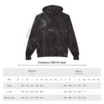 Hooded black tie-dye sweatshirt with arrows labeling width, length, and sleeve length, plus a size chart beneath.