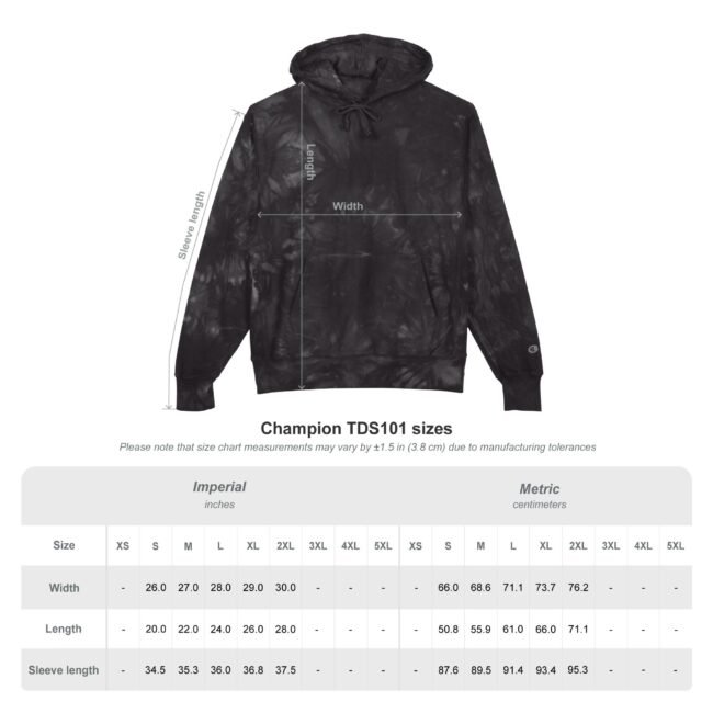 Hooded black tie-dye sweatshirt with arrows labeling width, length, and sleeve length, plus a size chart beneath.