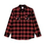 Red and black plaid flannel shirt with button front and two embroidered chest pockets.