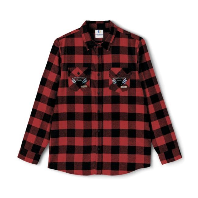 Red and black plaid flannel shirt with button front and two embroidered chest pockets.