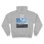 Hoodie with a back graphic: a road photo with blue sky and the script 'Walk For Your Health' across it.