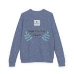 Back view of a blue heathered sweatshirt with an embroidered leafy motif and the words 'Walk For Your Health' on the back, plus a small logo patch near the collar.
