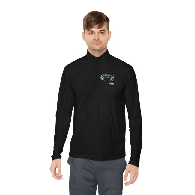Man standing against a white background, wearing a black long-sleeve athletic shirt with a small blue leaf logo on the left chest.