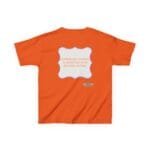 Orange T-shirt with a white ornate badge in the center displaying the quote: 'Continuous learning is improving your culture's mindset' with a blue border.