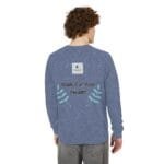 Back view of a person wearing a blue heathered long-sleeve shirt with embroidered 'Walk For Your Health' and teal leaf accents on the lower back area.