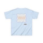 Light blue T-shirt with a cream ornate frame in the center containing orange text: 'Continuous learning is improving your culture's mindset' and a small label at the bottom right corner.