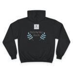 Black hoodie shown from the back with a small square logo near the neck and blue-green leafy branches framing the text 'Walk For Your Health'.