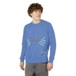 Man wearing a blue long-sleeve sweatshirt with the message 'Walk For Your Health' and leaf graphics on the front.