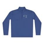 Blue long-sleeve pullover with a stand-up collar and a small left-chest logo.