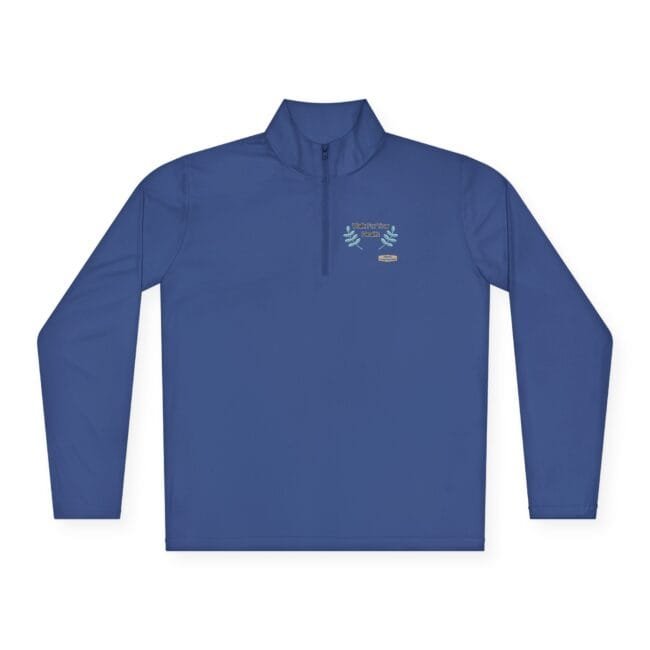 Blue long-sleeve pullover with a stand-up collar and a small left-chest logo.