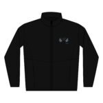 Black zip-front jacket with a small embroidered laurel wreath emblem on the left chest area.